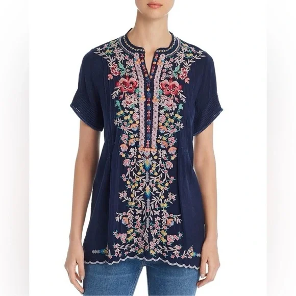 Johnny Was Raina Navy Blue Floral Embroidered Colorful Georgette Blouse Top PM - Picture 2 of 7
